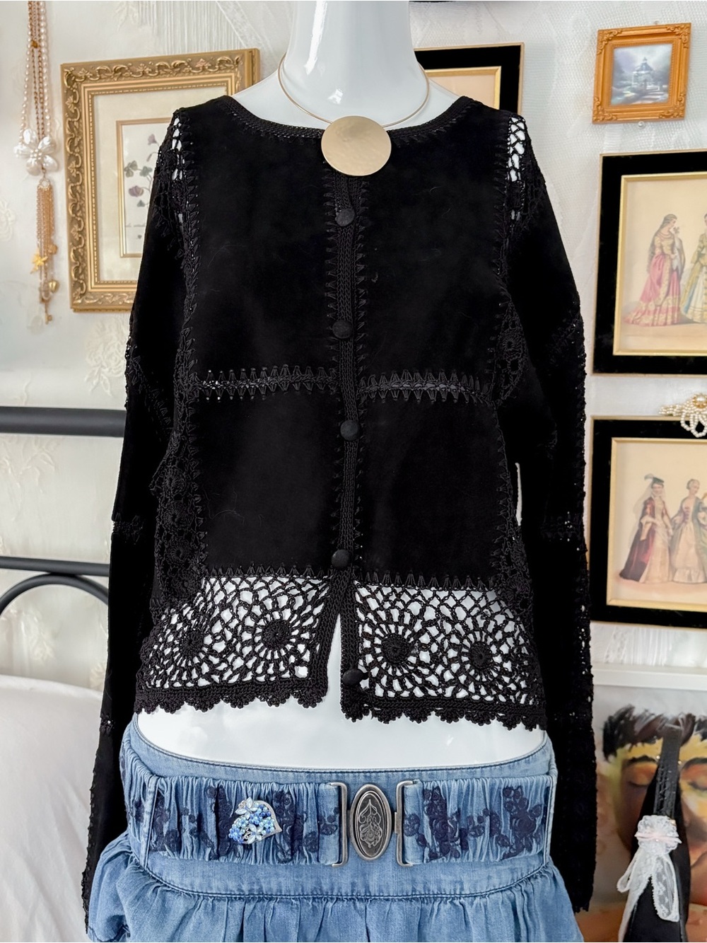Boho vintage whimsigoth girly crochet button patchwork suede leather jacket